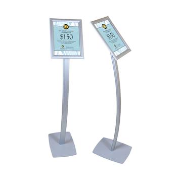 Curved Sign Stand, With 8.5 x 11 Snap-Open Frame, Silver
